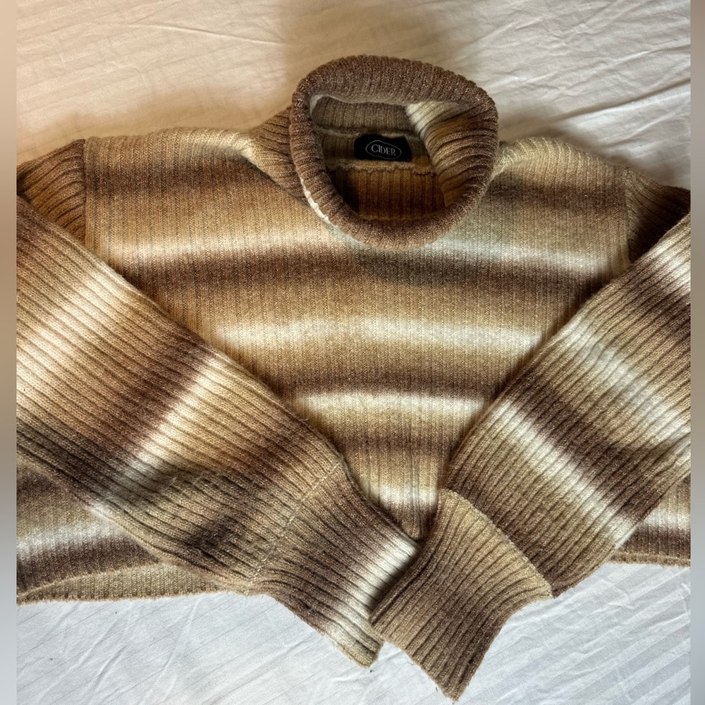 Cider Cropped Tan and Cream Knit Turtleneck  Sweater